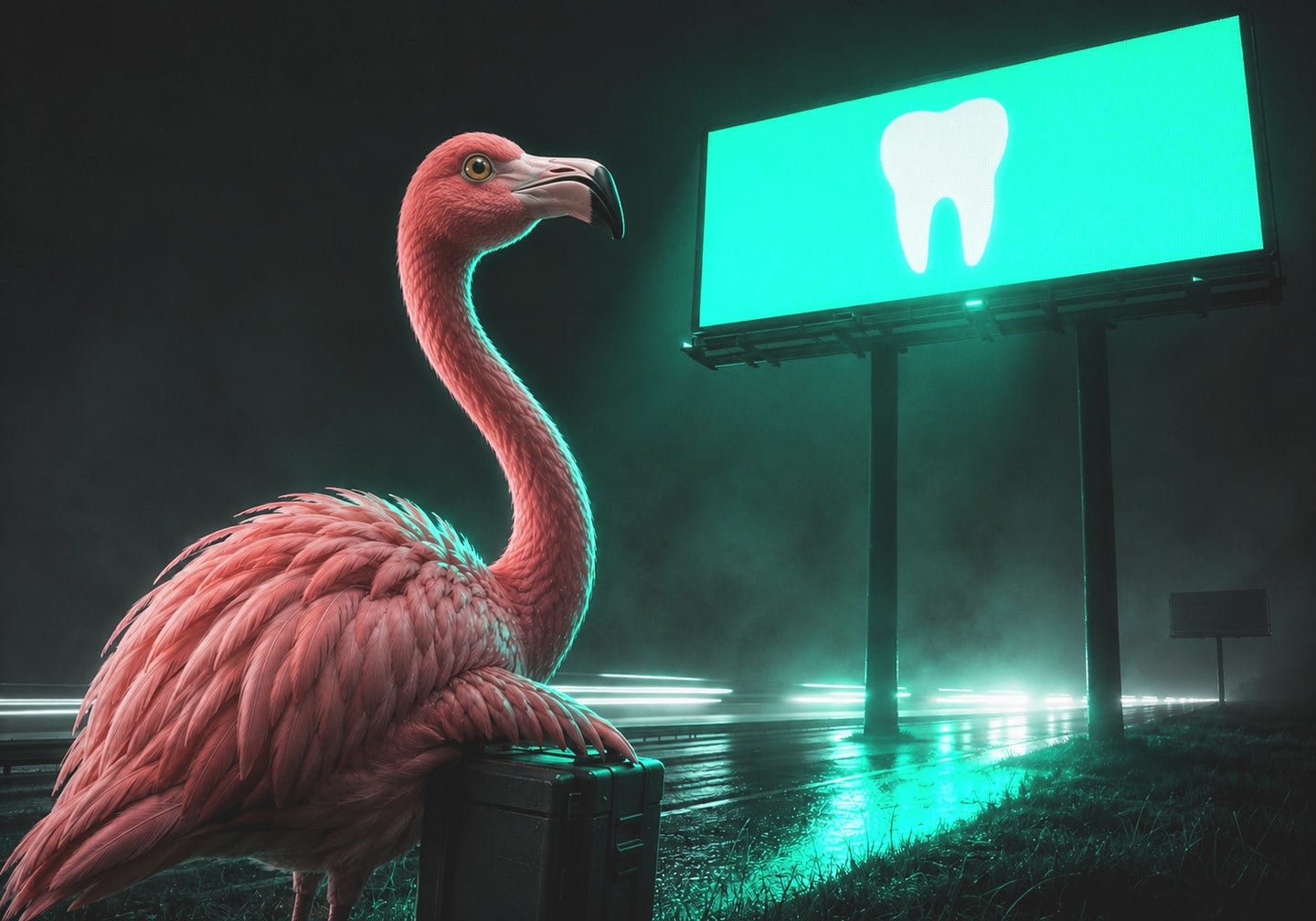 Illustration: a flamingo beside a highway at night, looking up at a lit billboard showing a tooth.
