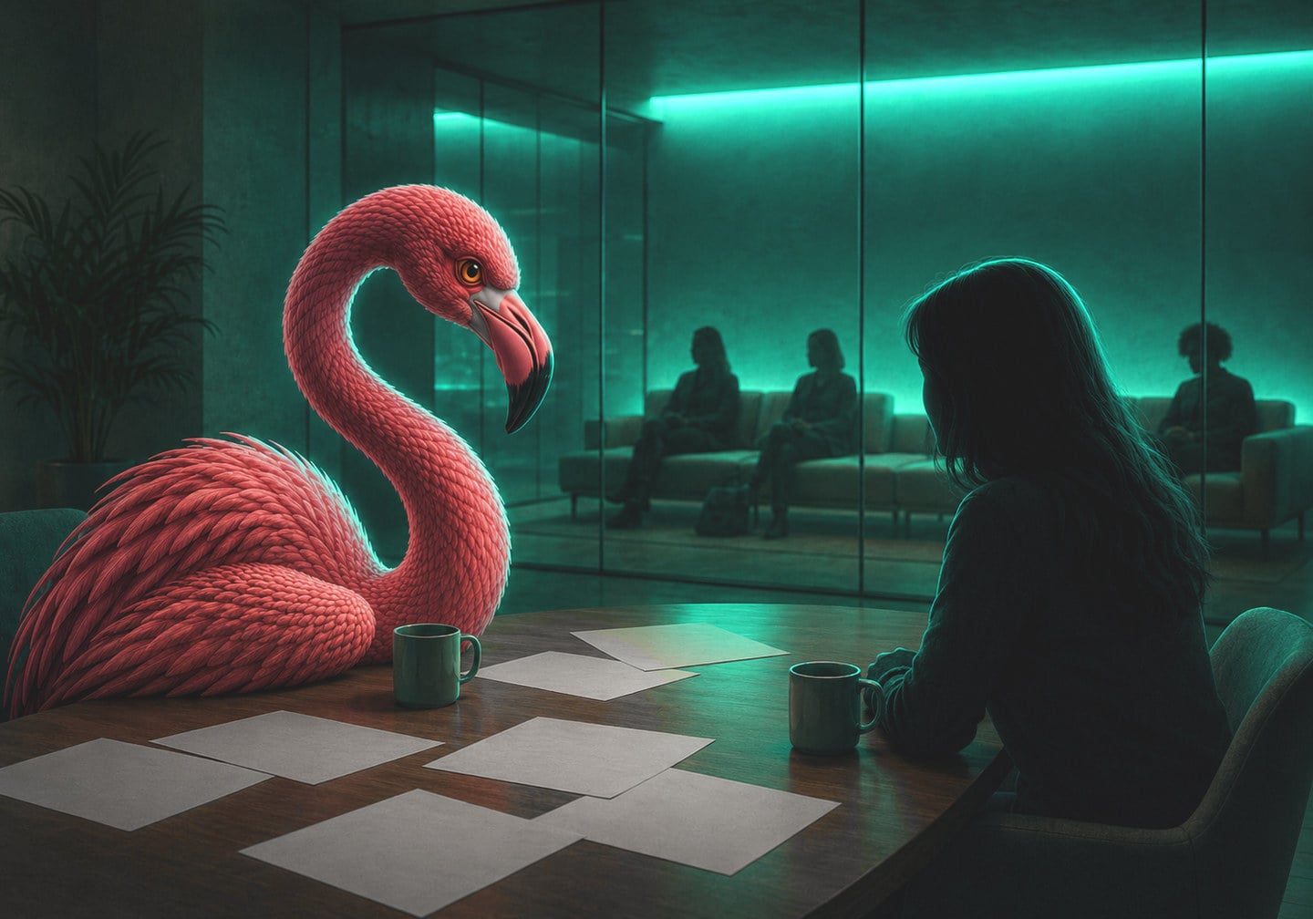 Illustration: a flamingo sitting across a meeting-room table from a candidate, résumés and coffee between them, more candidates waiting behind glass.