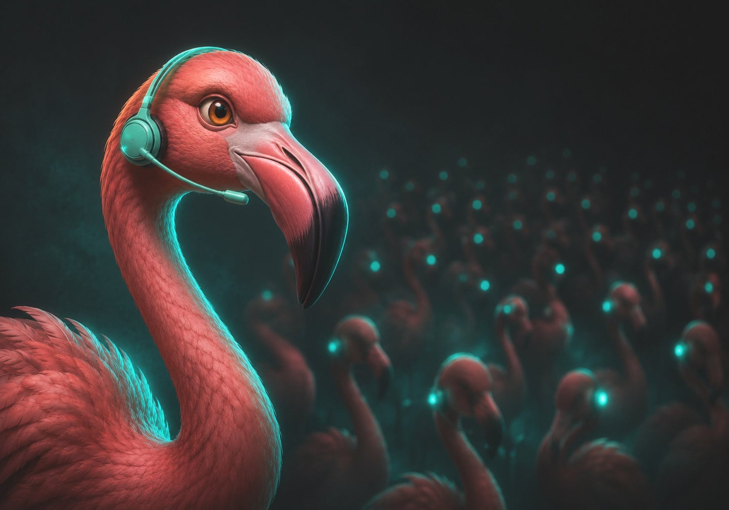 Illustration: a flamingo wearing a call-centre headset, with a crowd of other flamingos waiting behind it.