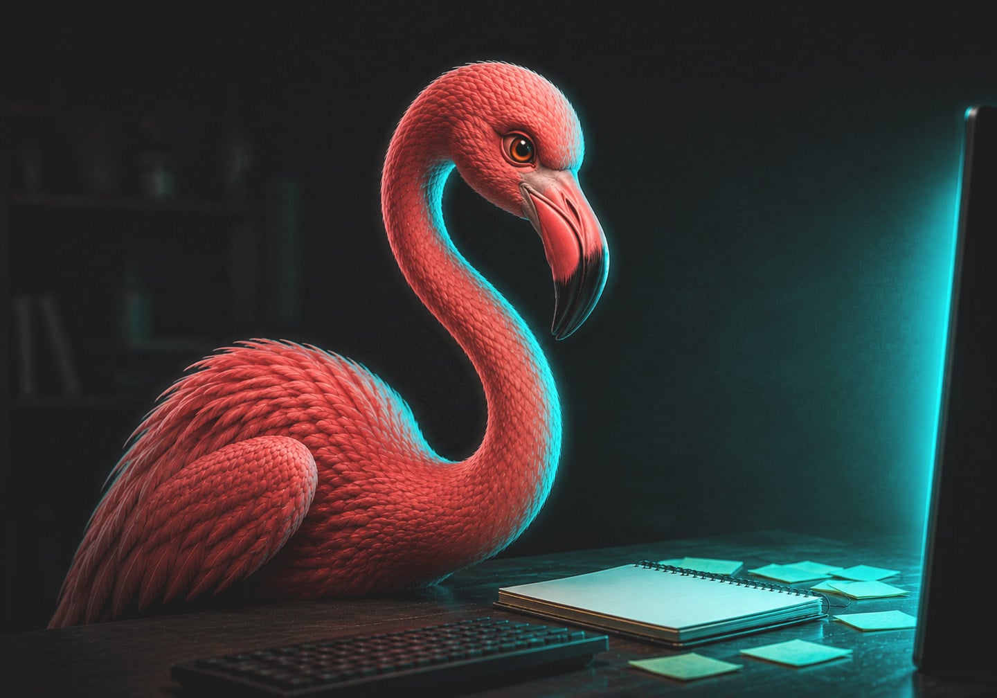 Illustration: a flamingo at a desk, working at a glowing monitor beside a notepad and sticky notes.