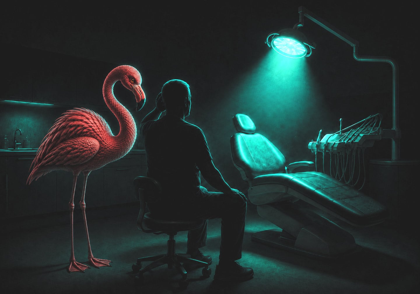 Illustration: a flamingo standing beside a dentist seated alone in an empty operatory, both looking at the chair.