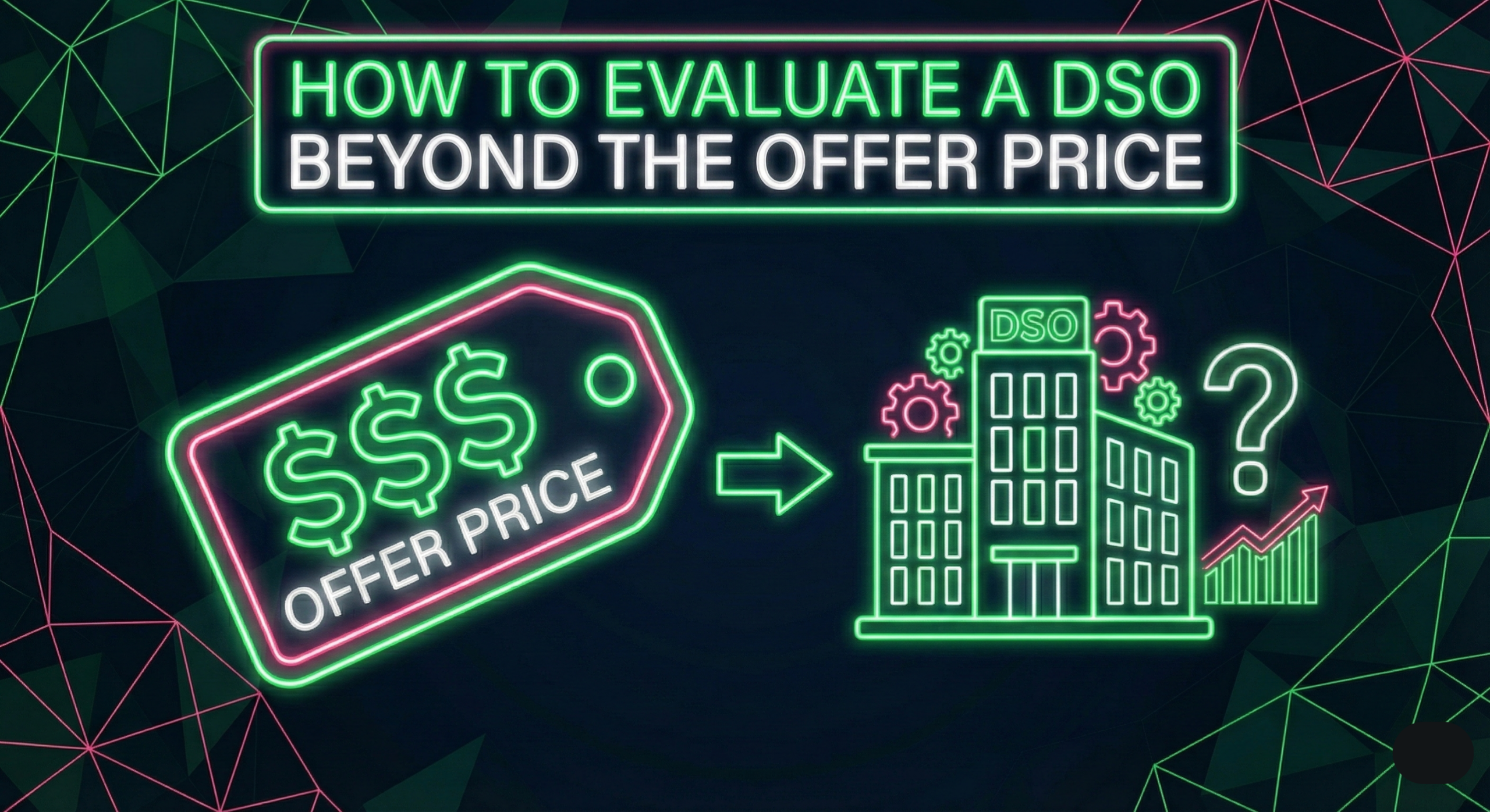 Minimalist illustration of a magnifying glass analyzing a DSO contract, symbolizing due diligence beyond the offer price. Designed in Mint Ops neon green and flamingo colors on a dark background.