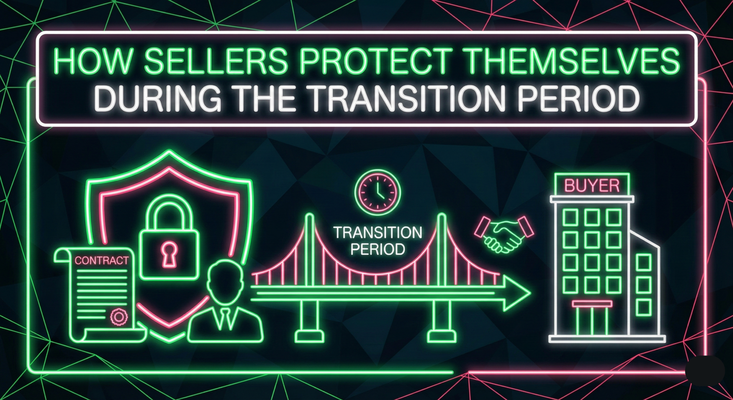 Minimalist illustration of a shield guarding a dental practice contract, representing seller protection during the post-sale transition. Designed in Mint Ops neon green and flamingo colors on a dark background, symbolizing security and boundaries.