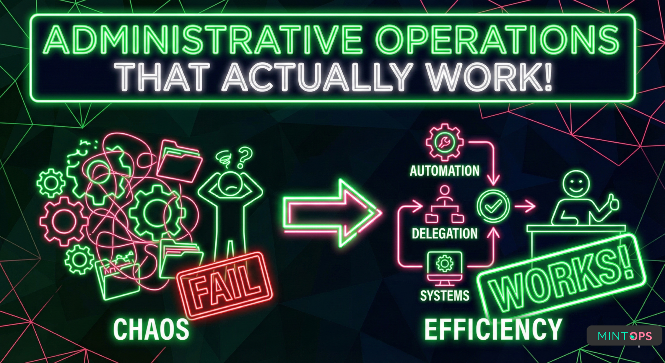 Neon infographic comparing chaotic administrative operations with tangled gears and files to efficient systems using automation and delegation. The title 'Administrative Operations That Actually Work!' is in green neon. The style is green and flamingo pink neon on a dark background.