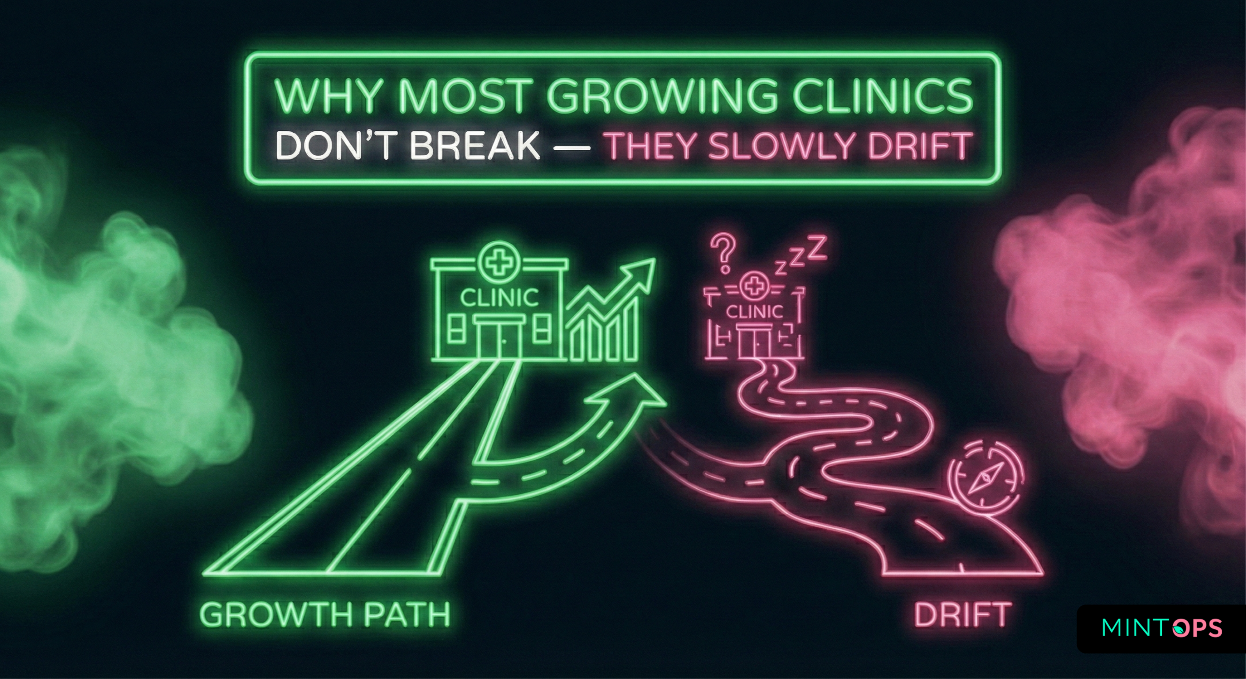Minimalist neon illustration of a dental clinic’s trajectory slowly curving off course into a subtle fog. Designed in Mint Ops green and flamingo pink on a dark background, symbolizing the silent operational drift that hinders growing practices.
